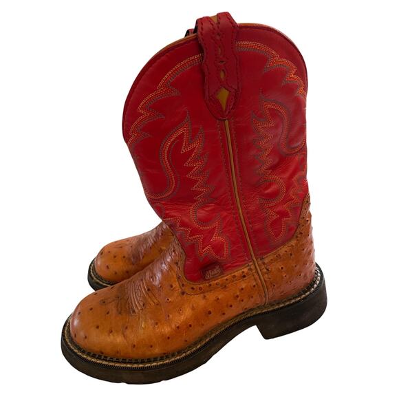 Justin Women’s Ostrich Print Western Cowboy Boots - Red/Cognac (Size 7B) - Picture 3 of 8